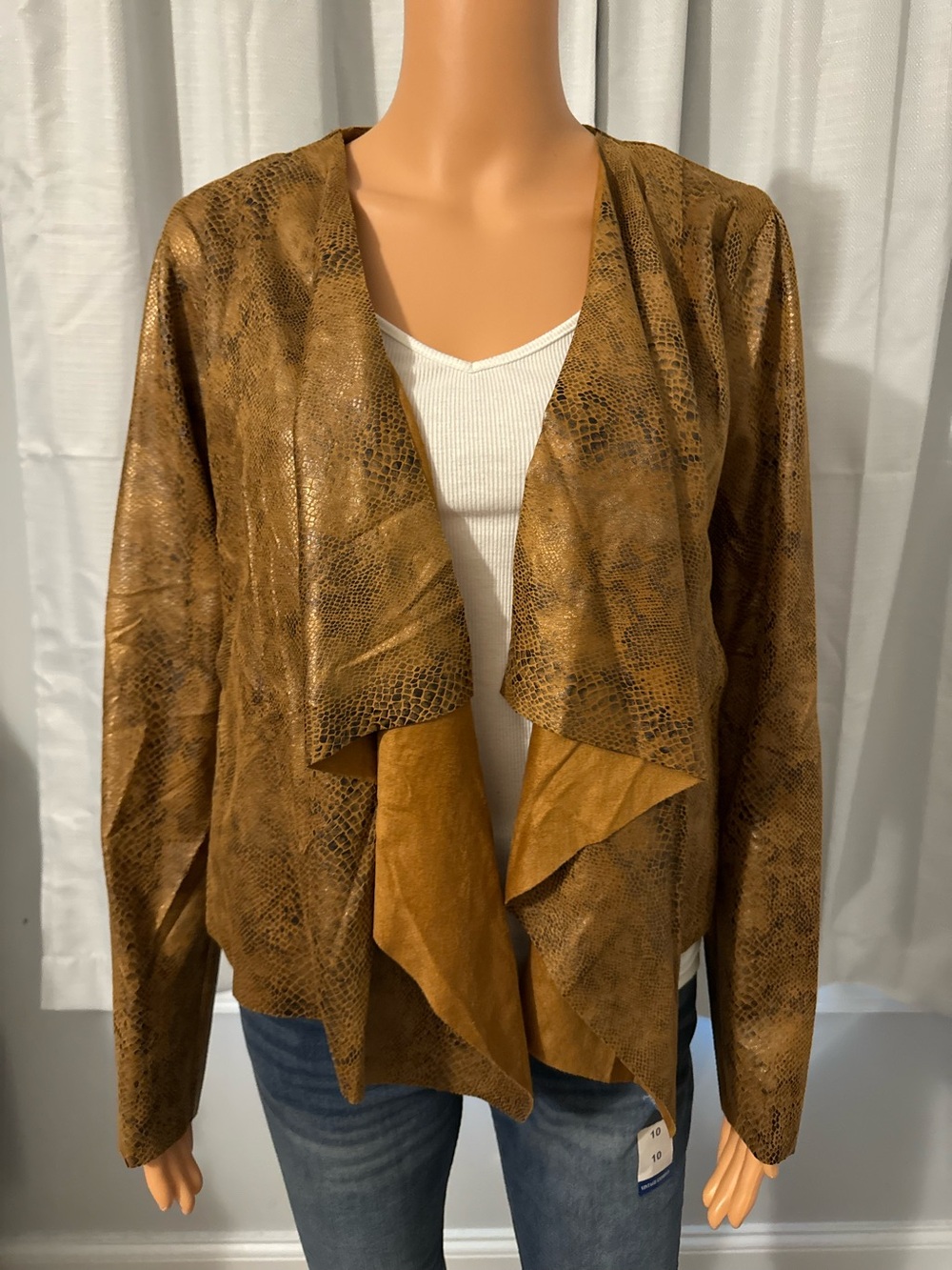 Cool ANDTHEWHY size S brown snake print open front long sleeve jacket new